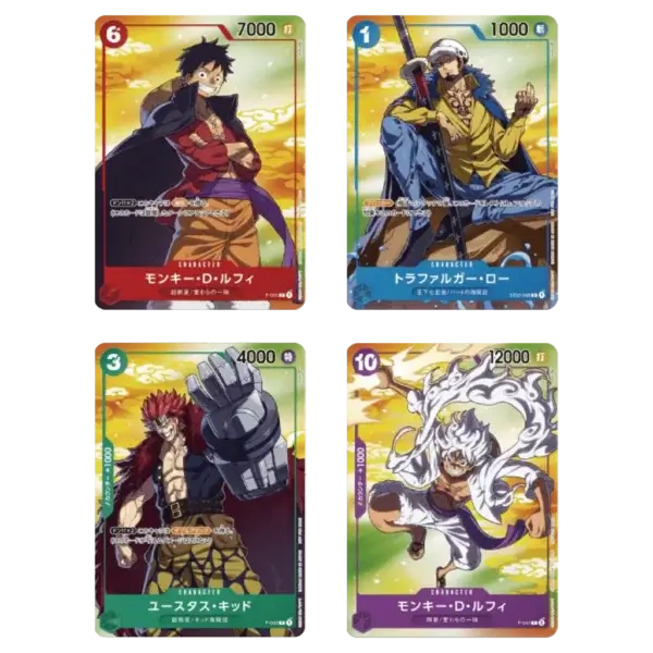visuel Set Complet Promo 7Eleven – One Piece Card Game – Luffy Gear 5-Trafalgar Law -Luffy Onigashima-Eustass Kidd
